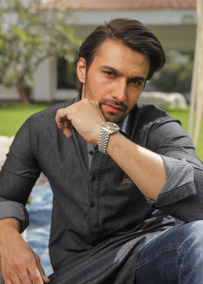 Men's regular fit charcoal denim kurta pajama with two-tone fabric and full sleeves