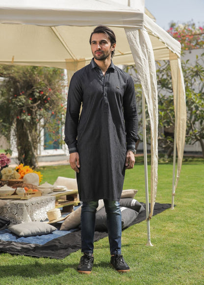 Men's regular fit charcoal denim kurta pajama with two-tone fabric and full sleeves