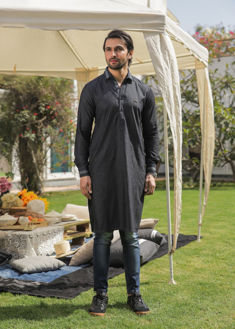Men's regular fit charcoal denim kurta pajama with two-tone fabric and full sleeves