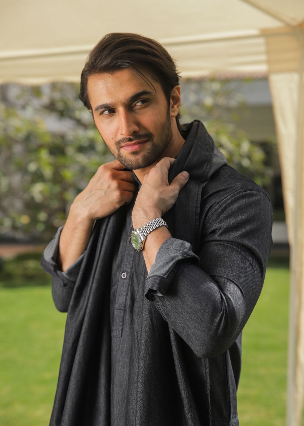 Men's regular fit charcoal denim kurta pajama with two-tone fabric and full sleeves