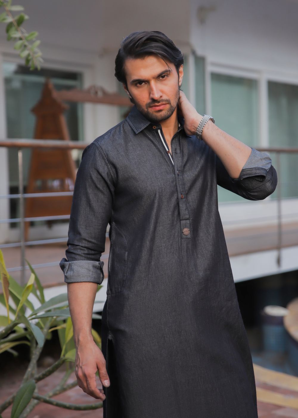 Men's regular fit charcoal denim kurta pajama with woven fabric and full sleeves