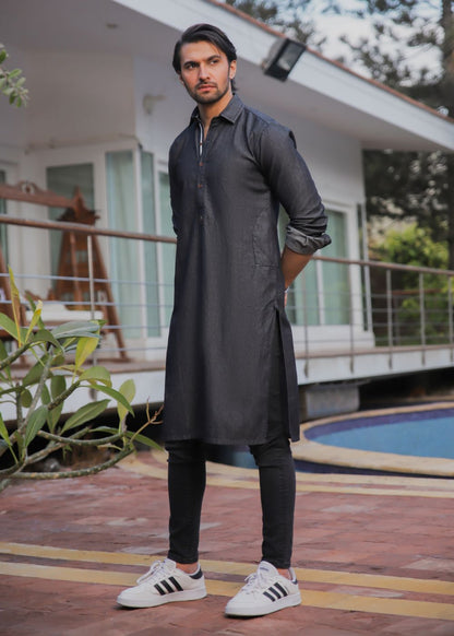Men's regular fit charcoal denim kurta pajama with woven fabric and full sleeves