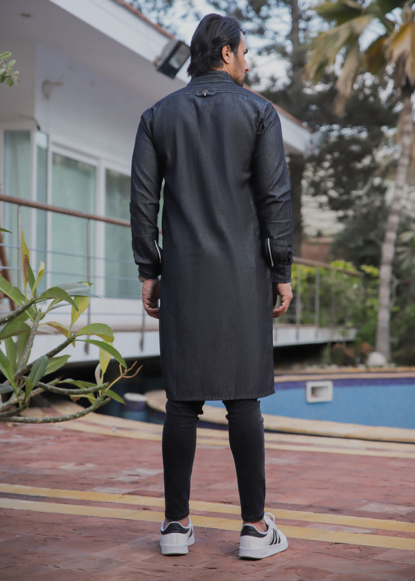 Men's regular fit charcoal denim kurta pajama with woven fabric and full sleeves