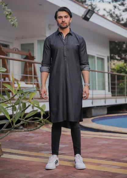 Men's regular fit charcoal denim kurta pajama with woven fabric and full sleeves