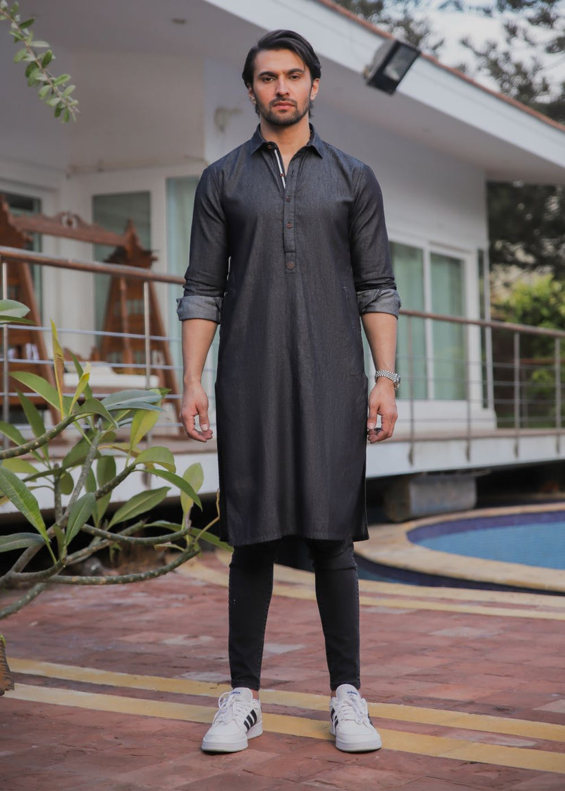 Men's regular fit charcoal denim kurta pajama with woven fabric and full sleeves