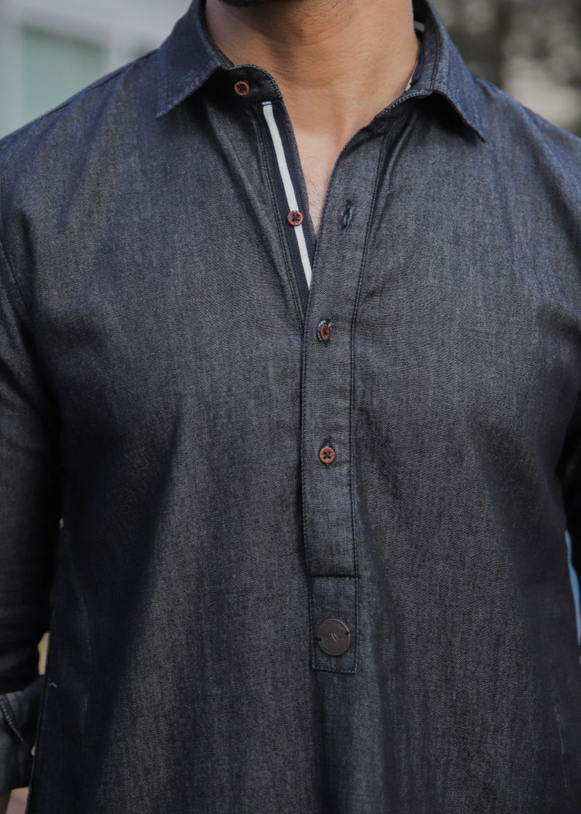 Men's regular fit charcoal denim kurta pajama with woven fabric and full sleeves