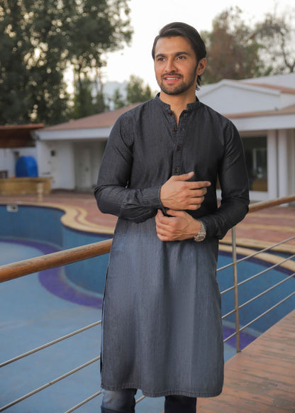 Men's regular fit charcoal kurta pajama with textured fabric and modern style