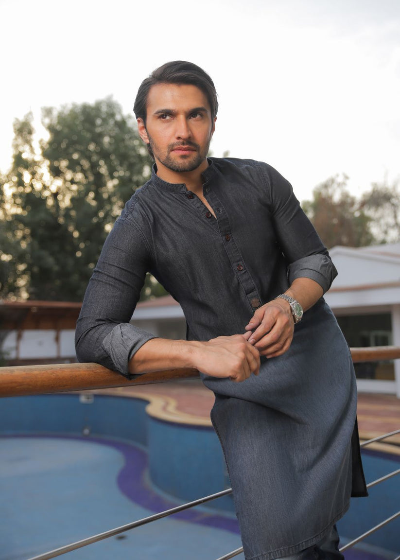 Men's regular fit charcoal kurta pajama with textured fabric and modern style