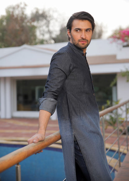 Men's regular fit charcoal kurta pajama with textured fabric and modern style