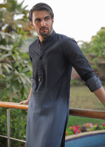 Men's regular fit charcoal kurta pajama with textured fabric and modern style