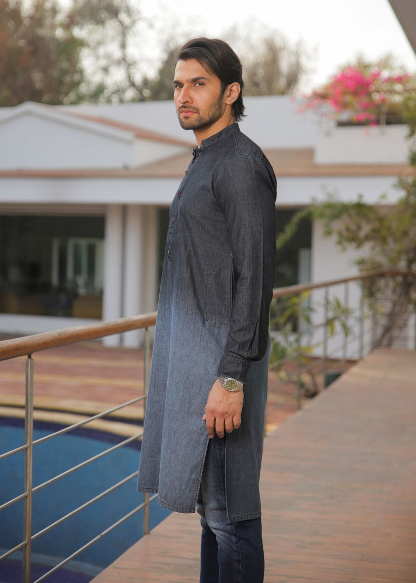 Men's regular fit charcoal kurta pajama with textured fabric and modern style