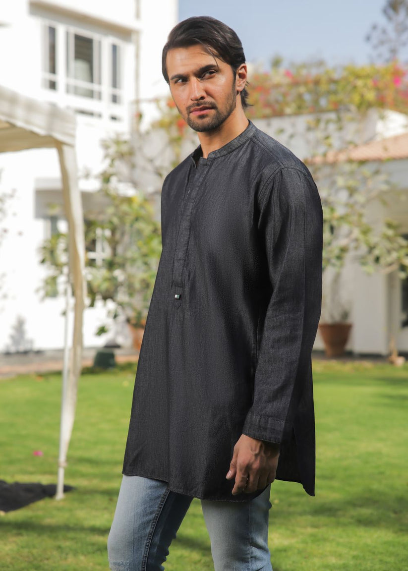 Men's regular fit charcoal short kurta with button placket and timeless design