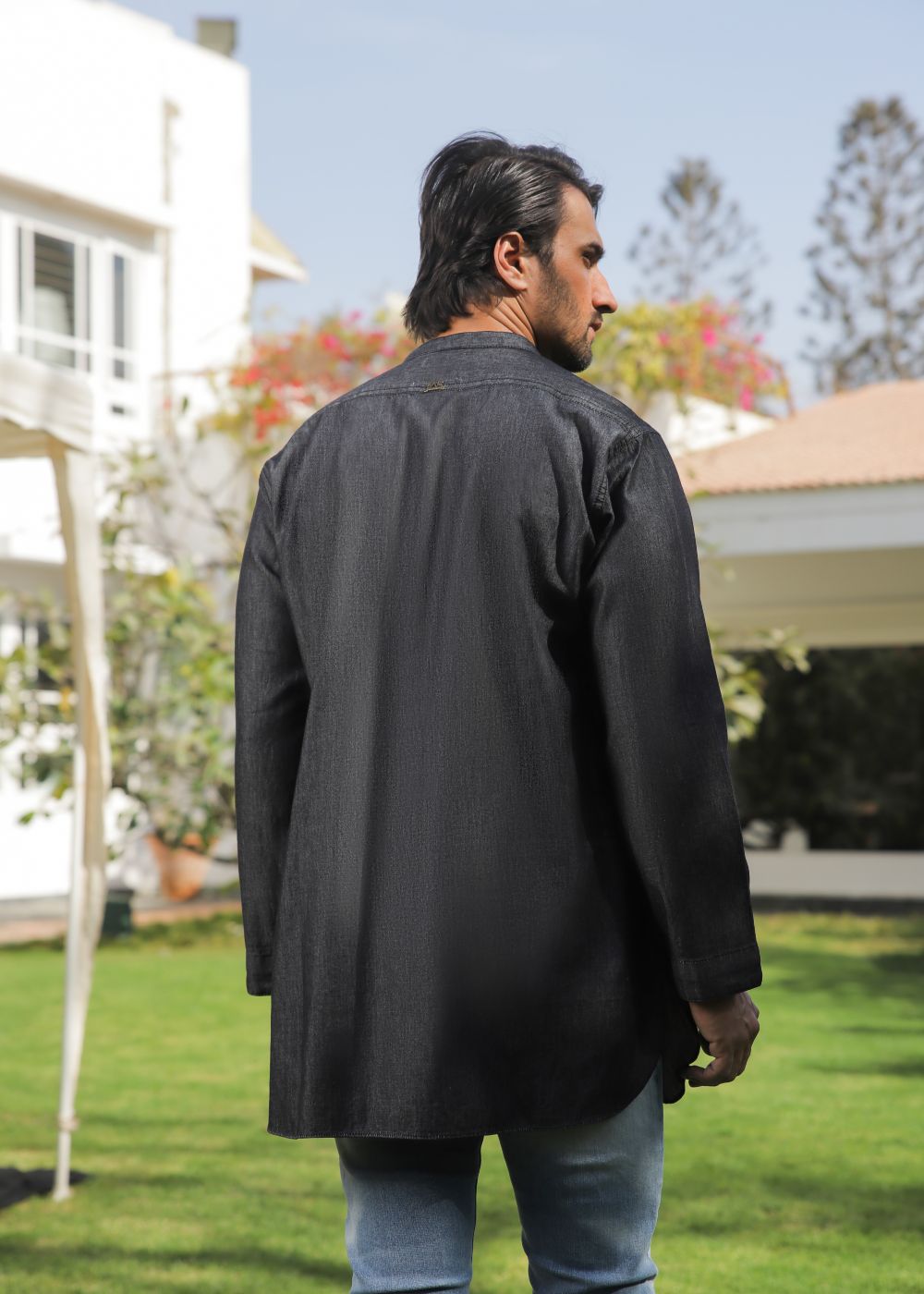 Men's regular fit charcoal short kurta with button placket and timeless design