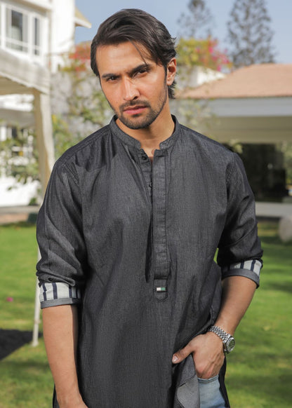 Men's regular fit charcoal short kurta with button placket and timeless design