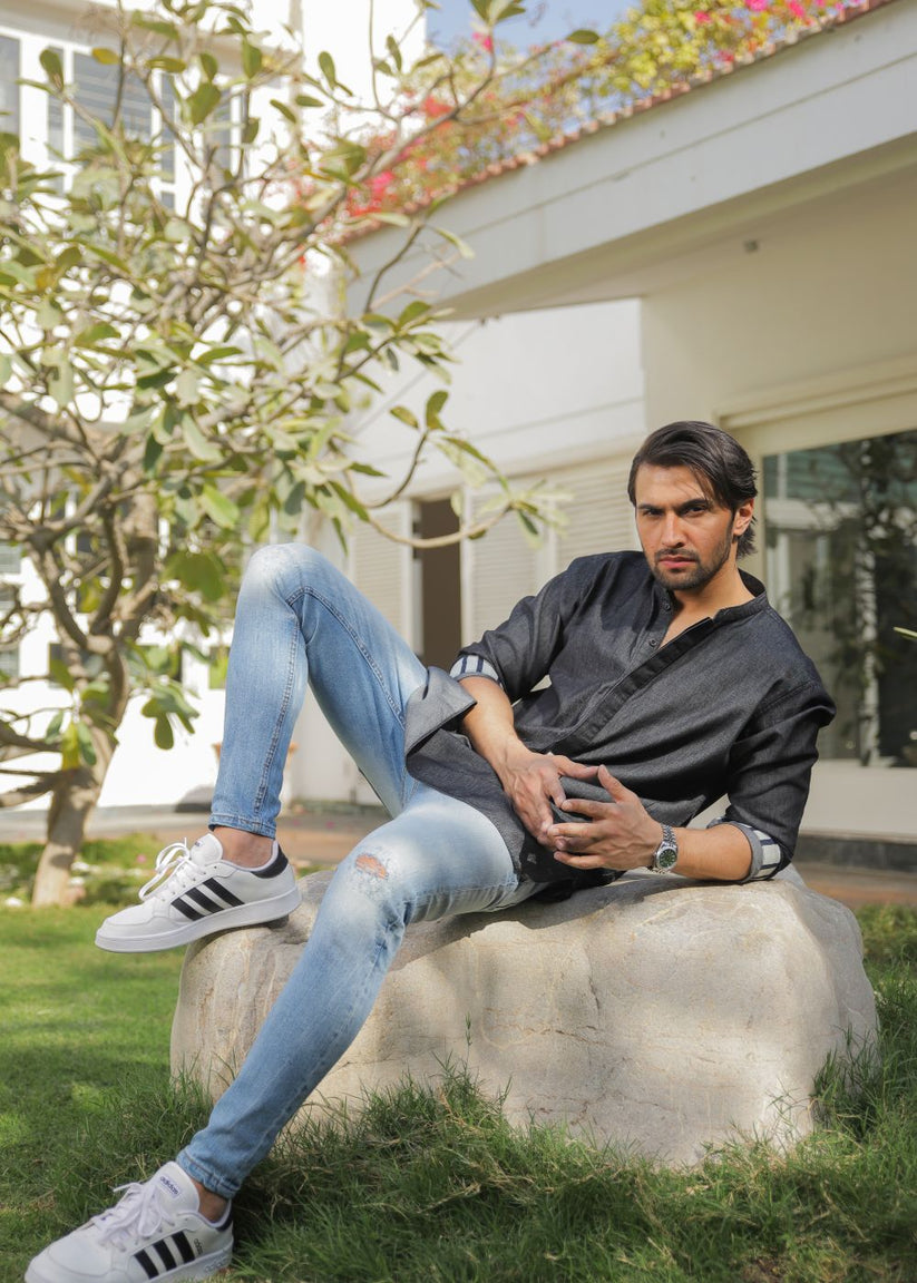 Men's regular fit charcoal short kurta with button placket and timeless design
