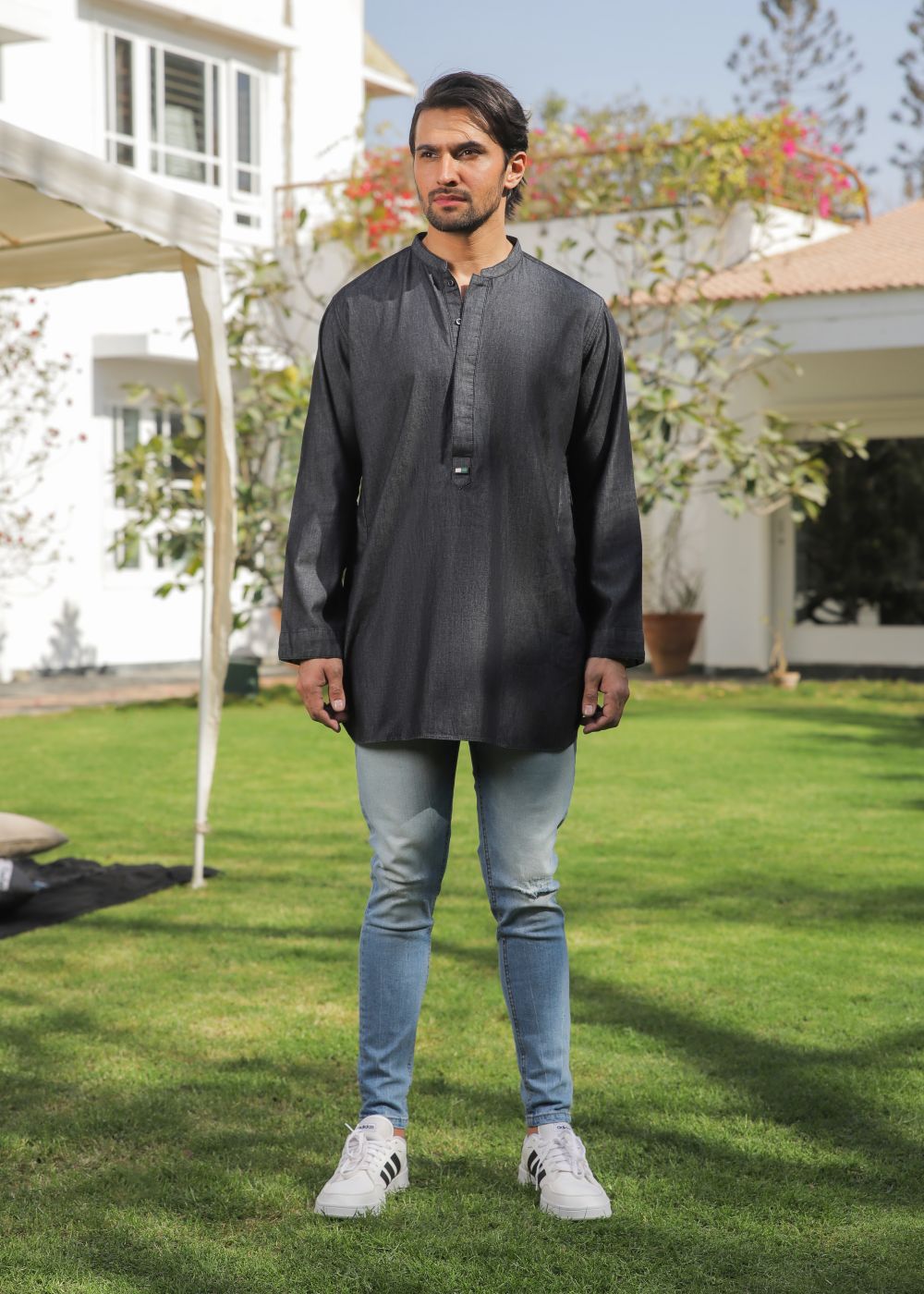 Men's regular fit charcoal short kurta with button placket and timeless design