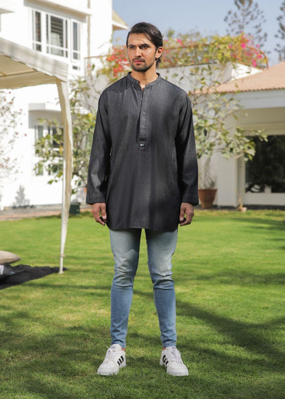 Men's regular fit charcoal short kurta with button placket and timeless design