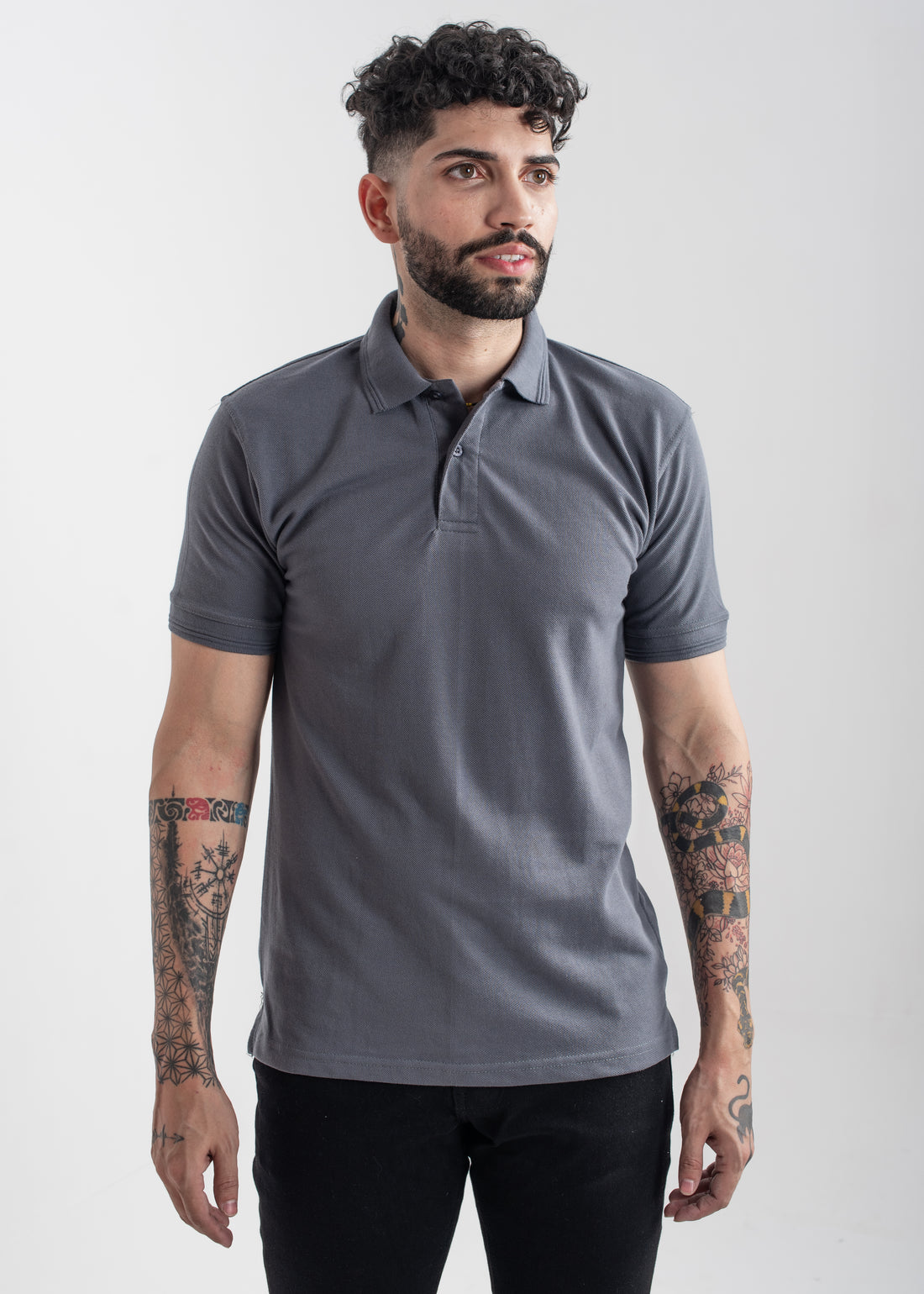 Men's regular fit grey polo shirt with classic collar