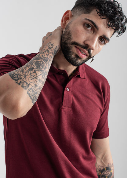 Men's regular fit maroon polo shirt with classic collar