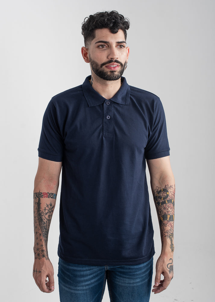 Men's regular fit navy blue polo shirt with classic collar