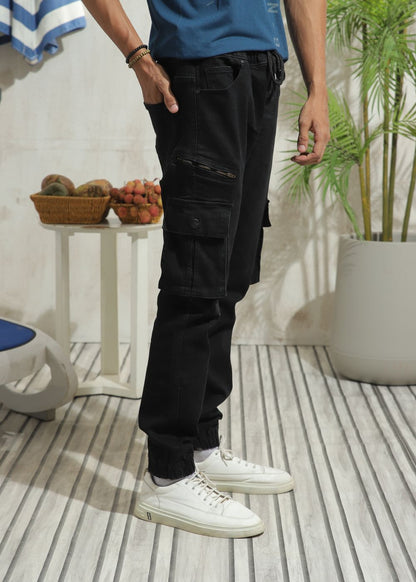 Men's relaxed fit black cargo joggers with utility pocket detailing