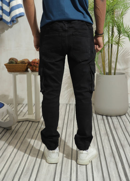 Men's relaxed fit black cargo joggers with utility pocket detailing