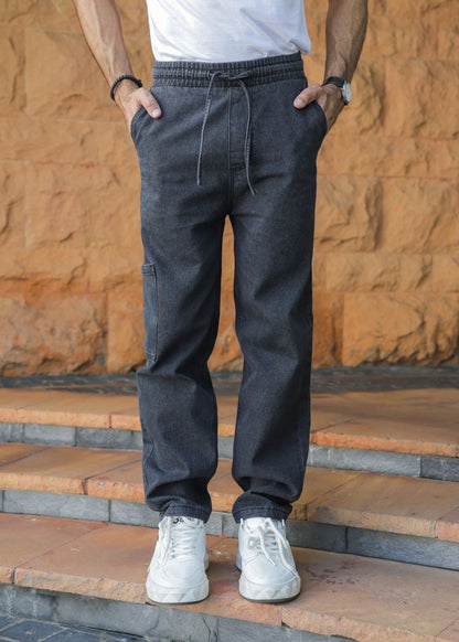 Men’s Relaxed Fit Charcoal Black Jogger Jeans with Drawstring Waist and Washed Denim Finish