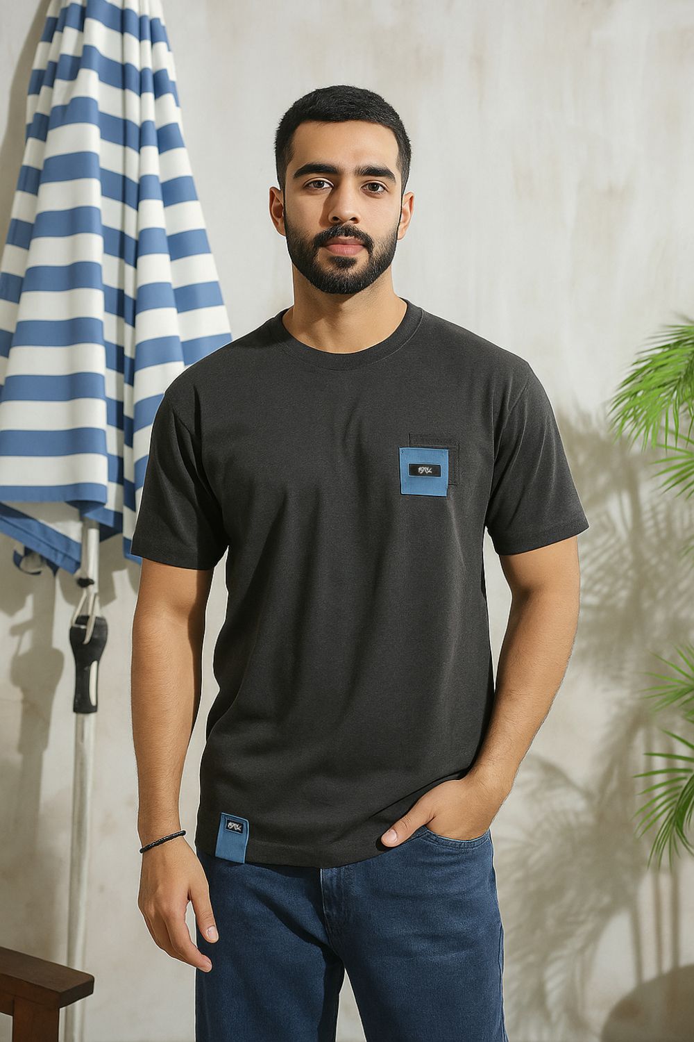 Men's relaxed fit charcoal graphic t-shirt with printed front design