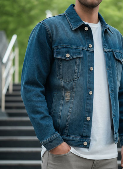 Men's rustic blue distressed denim jacket with ripped detailing