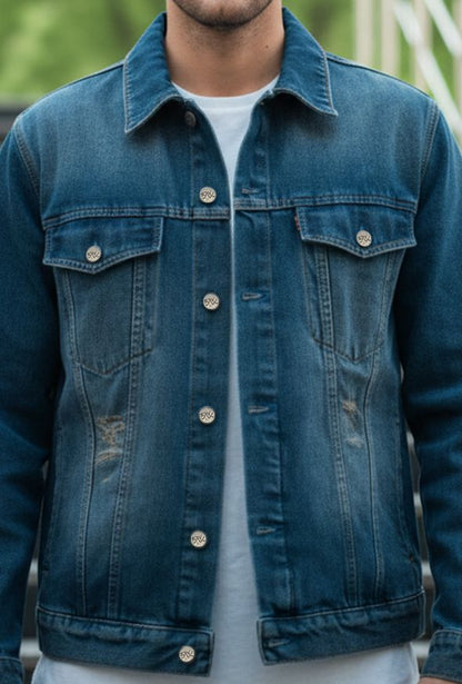 Men's rustic blue distressed denim jacket with ripped detailing