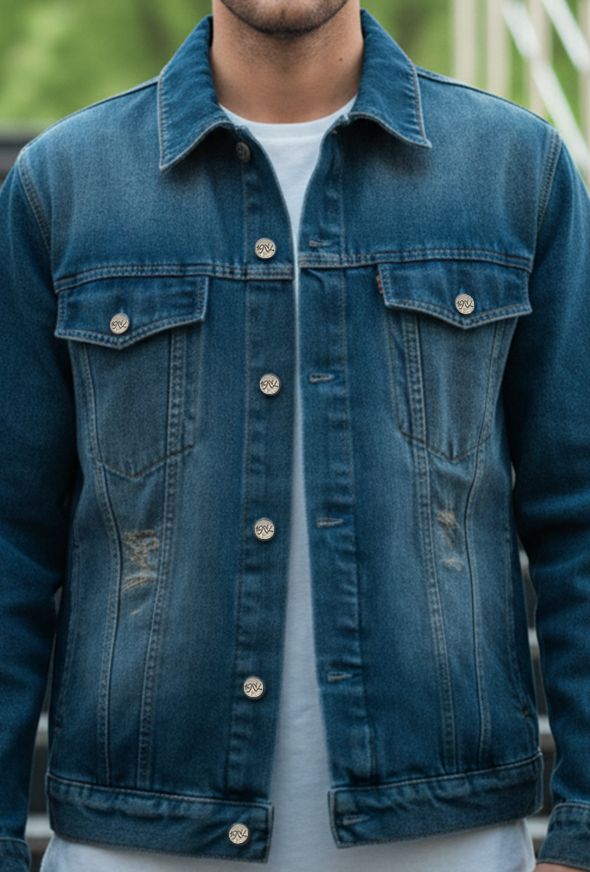 Men's rustic blue distressed denim jacket with ripped detailing
