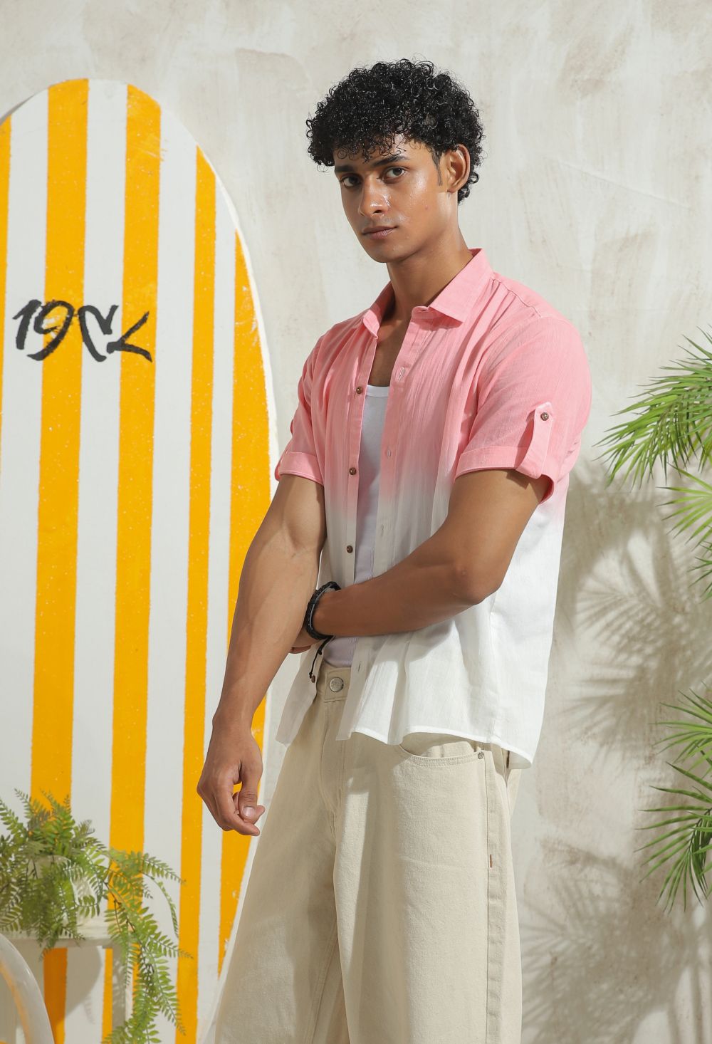 Men's salmon pink half sleeve shirt with lightweight casual design