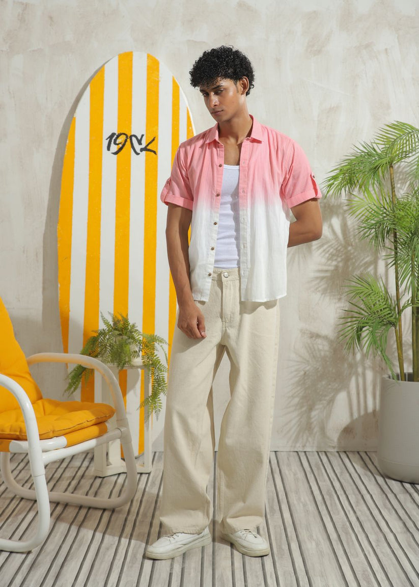 Men's salmon pink half sleeve shirt with lightweight casual design