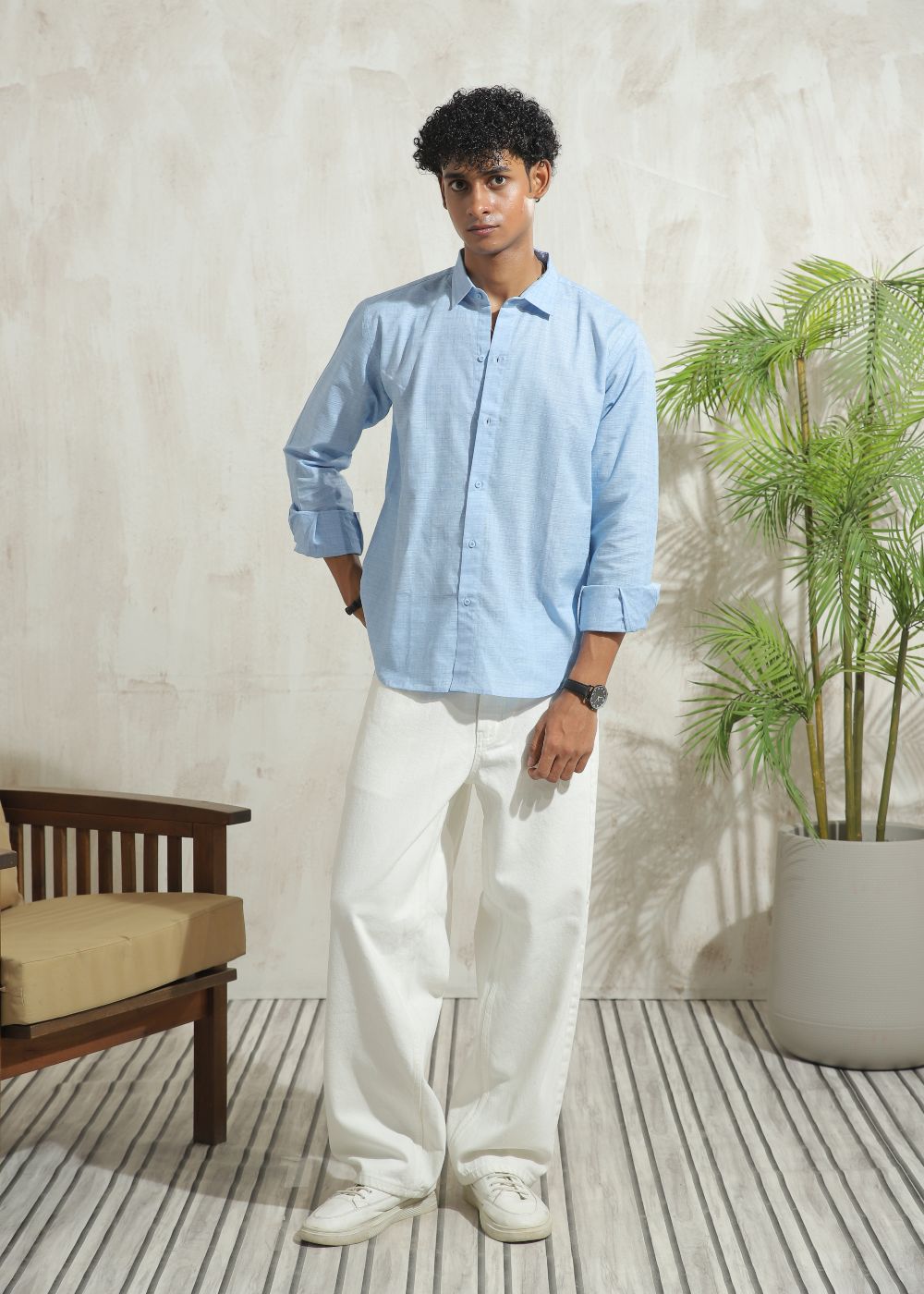 Men's sky blue casual shirt with regular fit and clean summer style