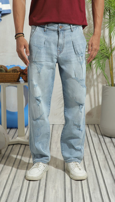 Men's slim fit blue ripped jeans with distressed knee detailing