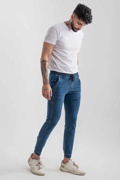 Men's slim fit dark blue jog jeans with tapered leg design