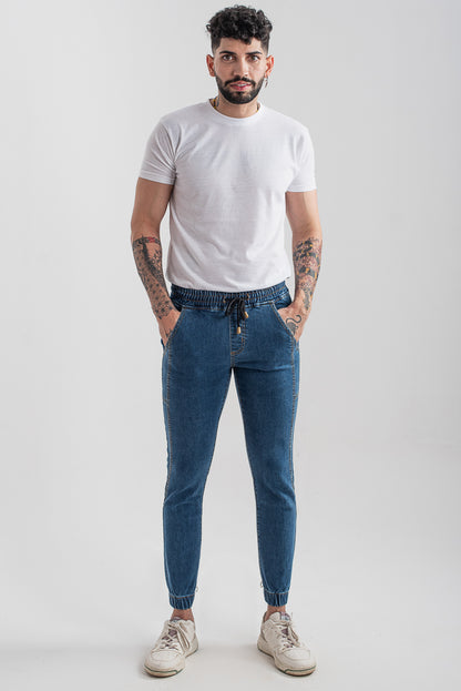 Men's slim fit dark blue jog jeans with tapered leg design