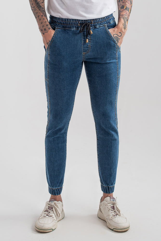 Men's slim fit dark blue jog jeans with tapered leg design