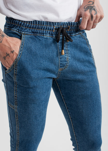 Men's slim fit dark blue jog jeans with tapered leg design