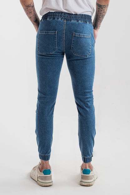 Men's slim fit dark blue jog jeans with tapered leg design