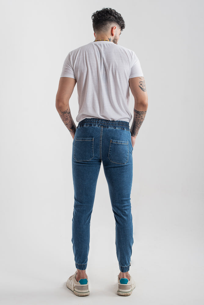 Men's slim fit dark blue jog jeans with tapered leg design
