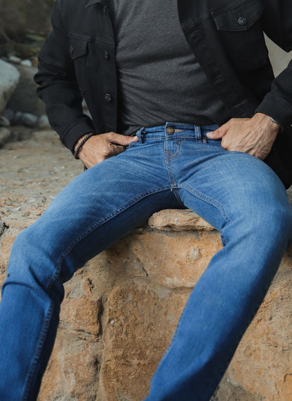 Men’s slim fit mid blue jeans with faded wash detailing