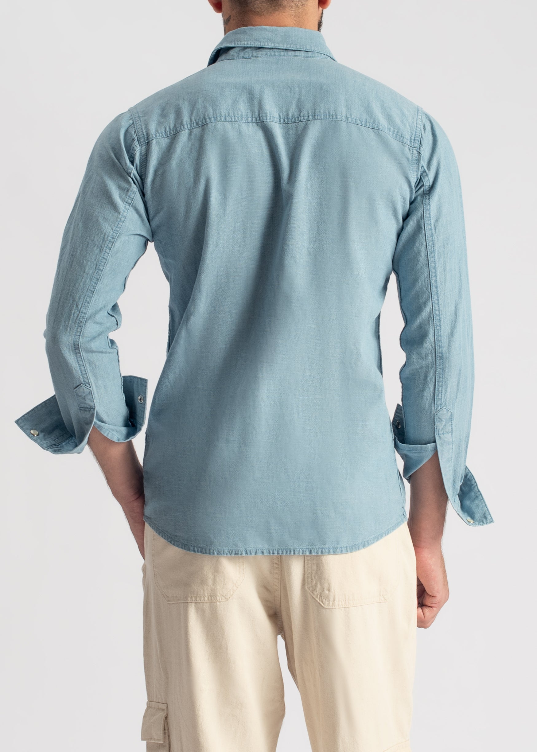 Men's steel blue denim shirt with relaxed fit and everyday styling