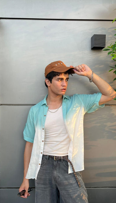 Men's teal half sleeve summer shirt with relaxed fit and resort collar