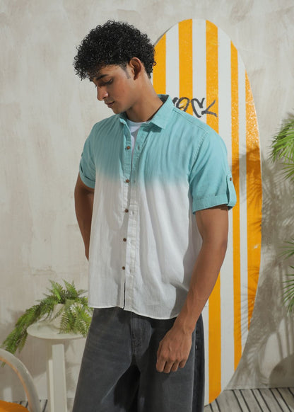 Men's teal half sleeve summer shirt with relaxed fit and resort collar
