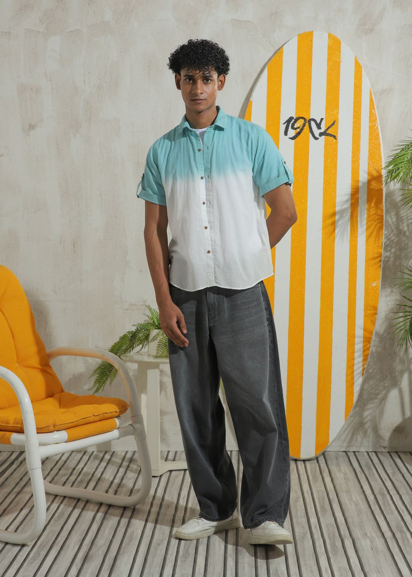 Men's teal half sleeve summer shirt with relaxed fit and resort collar