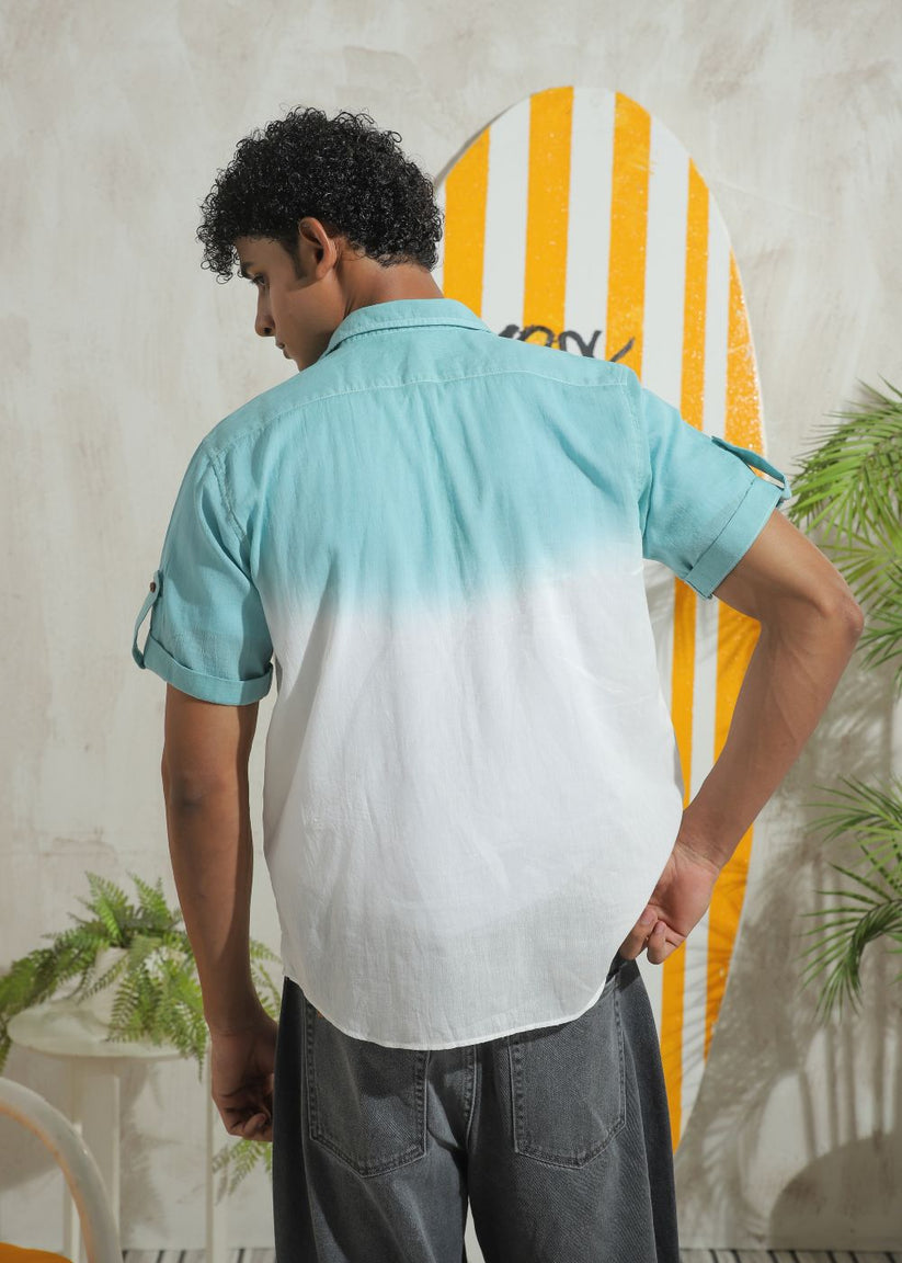 Men's teal half sleeve summer shirt with relaxed fit and resort collar