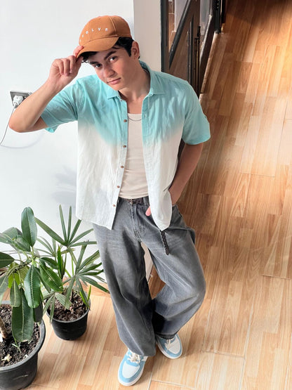 Men's teal half sleeve summer shirt with relaxed fit and resort collar