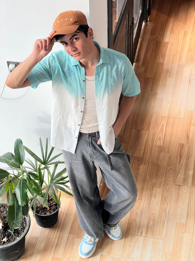Men's teal half sleeve summer shirt with relaxed fit and resort collar