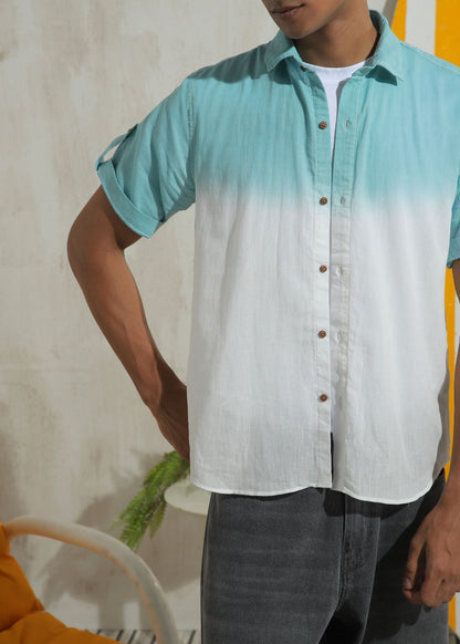 Men's teal half sleeve summer shirt with relaxed fit and resort collar